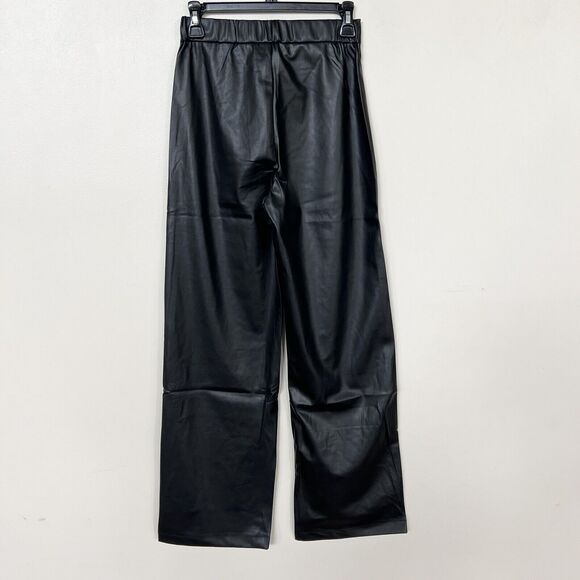 New AMBIANCE Faux Leather Solid Wide Leg Pants Black Women's - Picture 4 of 9